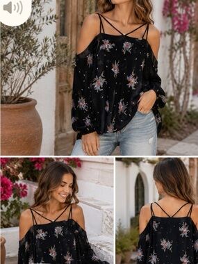 RO & DE Black Floral Cold-Shoulder Strappy Blouse Boho Top Sz S